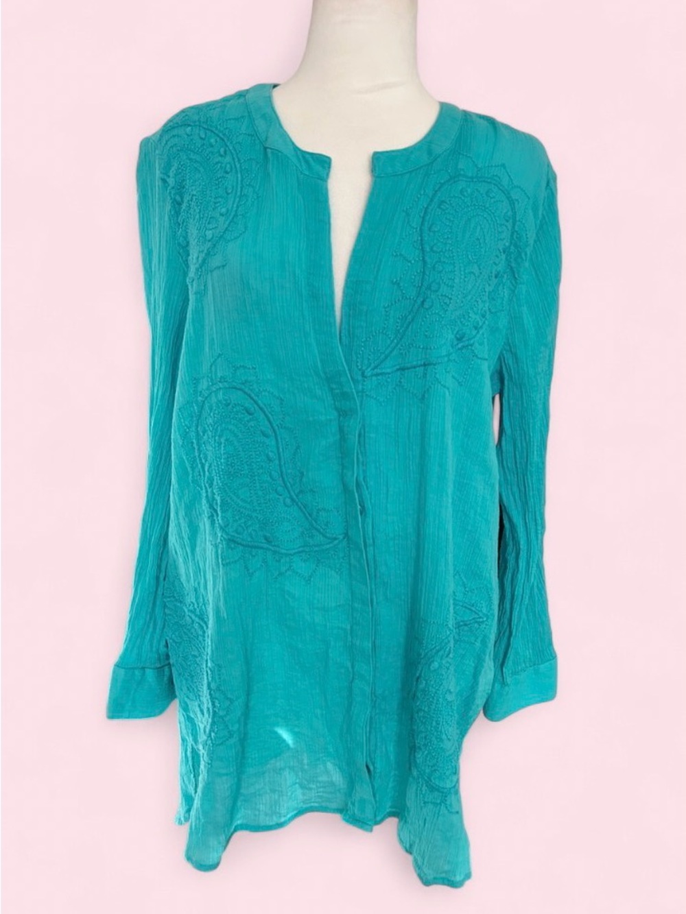 Vintage Oso Casuals Teal Embroidered Long-Sleeve Tunic Top - 100% Cotton - L